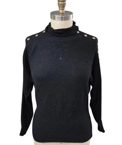 Premise Black Mock Turtle Neck Gold Stud Horizontal Ribbed Sz L