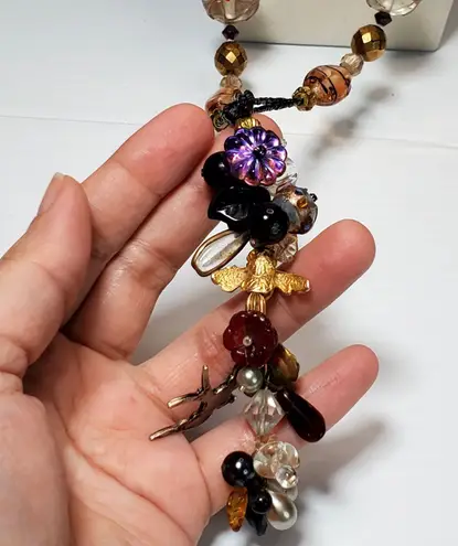 Retro Bee Rose Bird Bead Cluster Necklace Extra Long Y Drop 32" Boho Bohemian