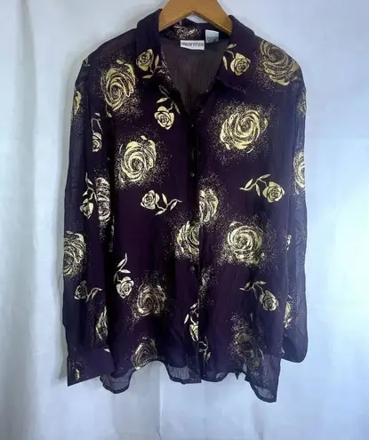 Apparenza Purple with Gold Metallic Roses Sheer Blouse Size XL