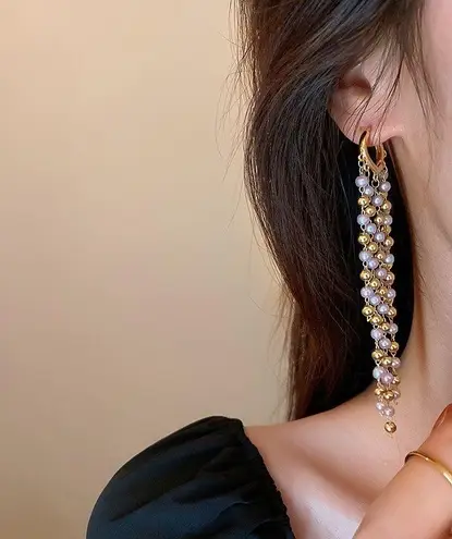 18K Gold Plated Long Tassel Pearl Dangle Drop Earrings for Women