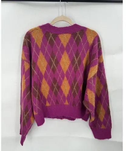 Daydreamer  Cardigan Women Large Argyle NEW Fuchsia Sunset Wool Mohair Blend Knit