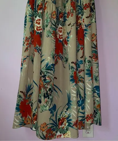Filly Flair Size L Maxi Dress Tan Tropical Floral Ruffle Tiered Open Back
