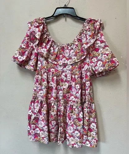 Women’s Pink Colorful Ditsy Floral Off Shoulder Ruffle Baby Doll Dress S