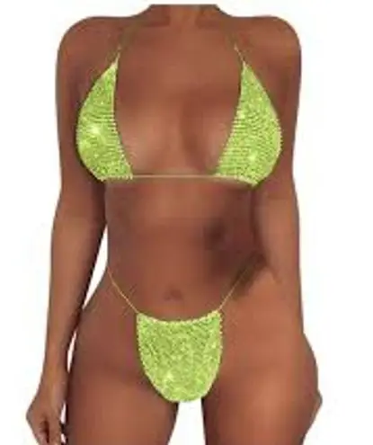 SEXY Diamante Bikini in Lime Green Skimpy Thong Triangle NEON NWT NEW One Size Size M - Image 2