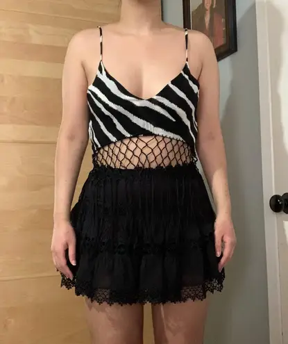 Indah Xolani Macrame Fringe Crop Tank Top Zebra Print