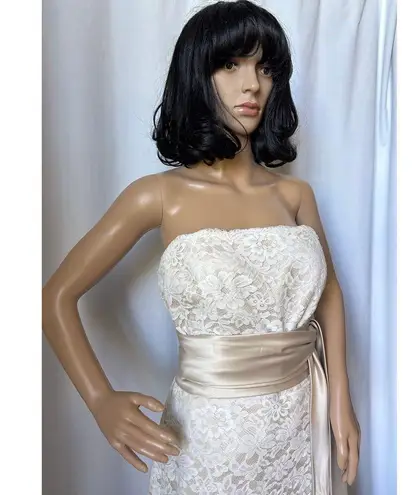 Dessy formal lace strapless bridesmaid dress long sash bow ivory 12 White