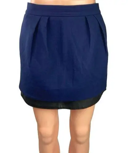 Maje Blue Seventy Leather Trimmed Woven Pleated Layered Pockets Mini Skirt Sz L
