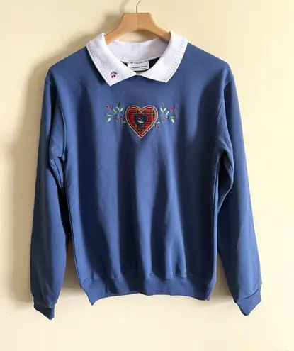 Vintage Grandmacore Sweatshirt M Embroidered Collared Cottagecore Women’s Blue Size M