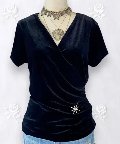 Vintage 90s Whimsygoth Glam Black Cinched Celestial Velvet Wrap Top 12 / L Size L