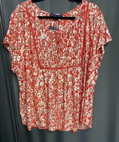 Tommy Hilfiger  Blouse Top Womens 2X Orange Short Sleeve Pleated Lace Preppy B47