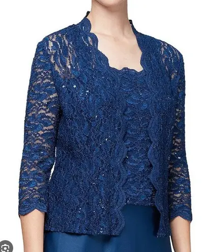Alex Evenings Navy Blue Lace Sequin Open Front Bolero Jacket Women's Size 14