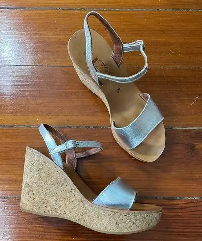 K Jacques Josy Cork Wedge Sandal in Matte Metallic Beige and Tan ~ Size 40 Silver