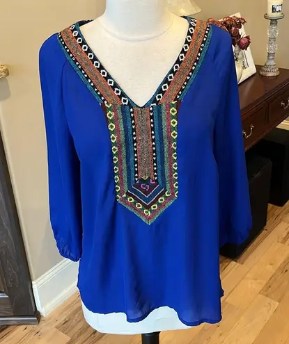 West 36th Top Royal Blue Shirt Silky Embroidered Womens M Size M