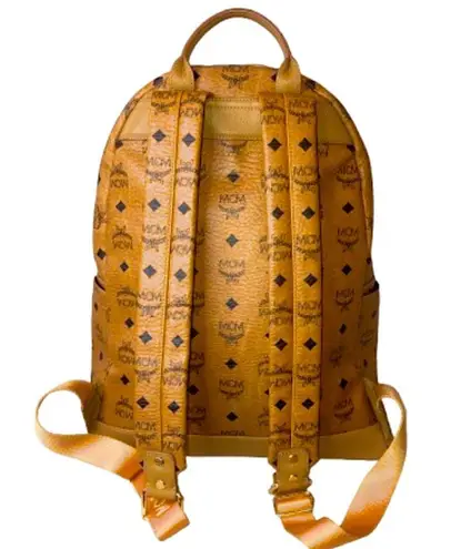 MCM Cognac Visetos Logo Metallic Embellished Full Size Unisex Backpack Book Bag