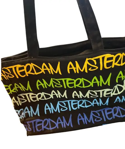 Robin Ruth Amsterdam Multi Color Text Travel Tote Bag Black Zip Top Double Handl