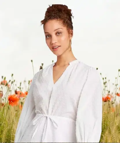 A New Day  long white cotton summery dress with Swiss dots and drawstring…