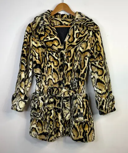 Vintage 60s 70s Glenbrooke Mod Velvet Faux Fur Leopard Ocelot Belted Jacket Coat Multiple Size M