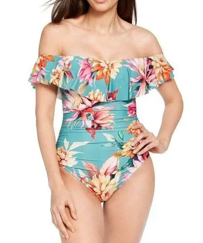 La Blanca NWT Jade Garden Floral Off Shoulder Ruffle One-Piece Swimsuit Size 8