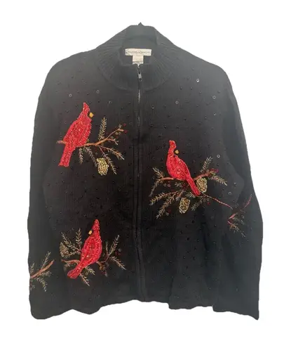 DRAPERS & DAMONS Black Christmas Cardigan Cardinals Size Large Sequins