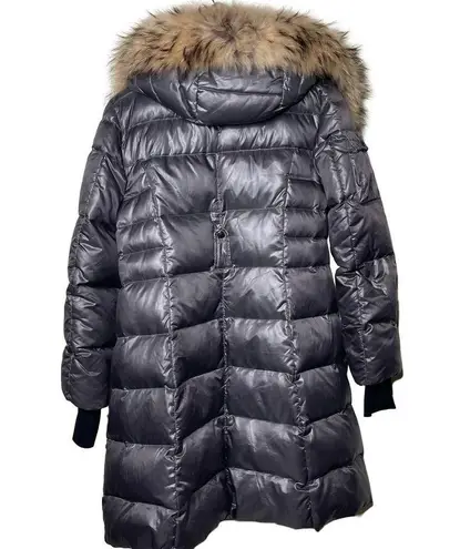 SAM. Women metallic silver millennium knee length puffer down coat fox fur sz S