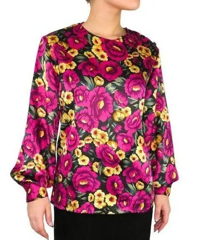 Vintage Magenta Pink & Yellow Floral Long Sleeve Satin Blouse Small Purple