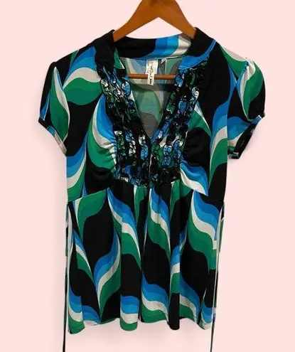 Heart soul Y2k green blue ruffle collar tie back babydoll flowy top stretchy