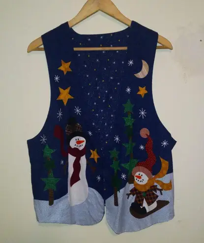 Vintage Handmade Snowman Winter Reversible Vest-Large-Open Front-Cabin-Stars