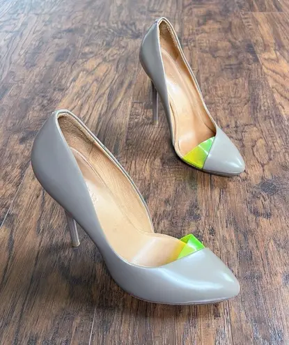 L.A.M.B. . • Harlie Pump heel d'orsay stiletto taupe leather neon green platform