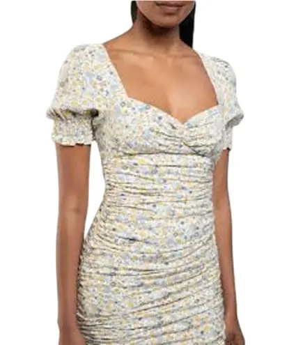 Bardot Cindy Sweetheart Ruched Mini Dress Soft Yellow Floral NWT 6 Small