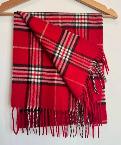 V. Fraas Cashmink Red Plaid Super Soft Classic Fringe Scarf 54”x11” German Made