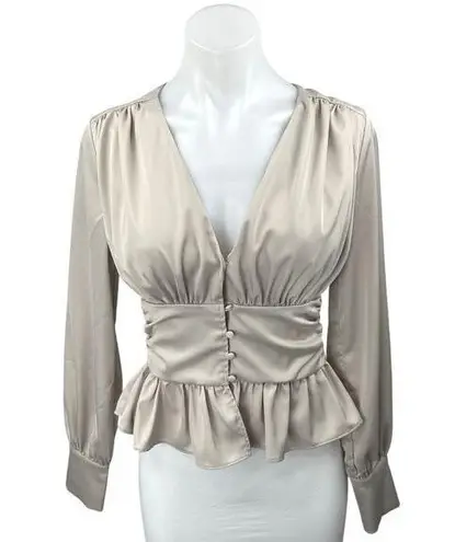 Jason Wu Beige Silk Satin V-neck Ruffle Peplum Long Sleeve Blouse Top Size XS