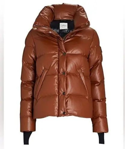 SAM. Isabel Vegan Down Puffer Jacket Faux Leather Stowaway Hood Saddle Brown S