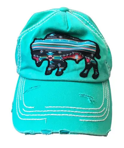 KBETHOS Vintage Buffalo Patch Distressed Hat Teal Adjustable 100% Cotton Adult Blue