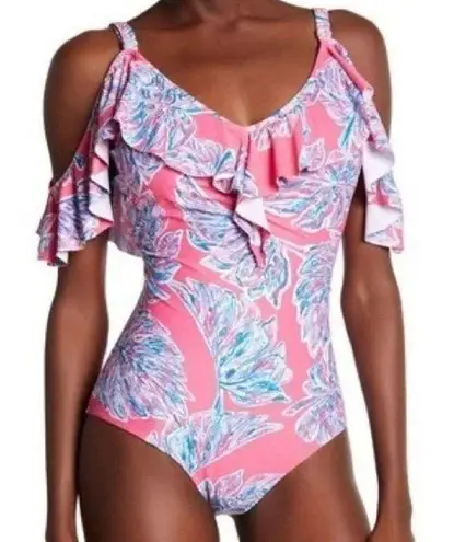Marilyn Monroe NWT Ruffle Botanical One Piece Swim Suit in Pink/Blue Size 1X