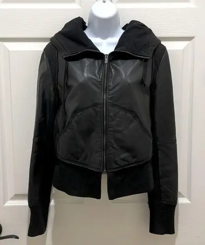 BCBGMAXAZRIA  Black Leather Oakley Hooded Jacket