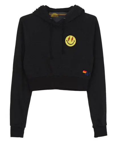 Aviator Nation Smiley Bold Eyes Cropped Hoodie Dark Heathered Gray Small