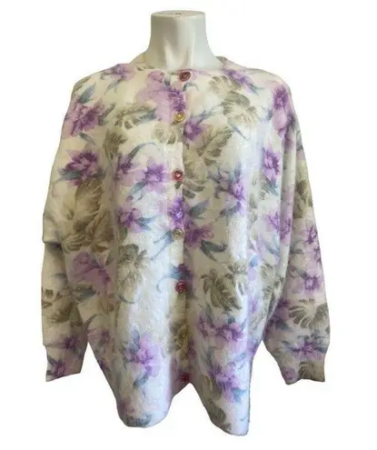 Lee Sands Women’s Orchid and Monstera Print Angora Cardigan Sweater Size 1X NWOT