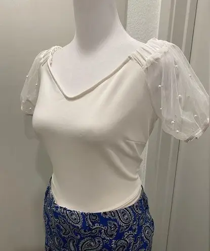 Timing White Blouse Crop Top With Mesh & Pearl Detail Puff Sleeves - M