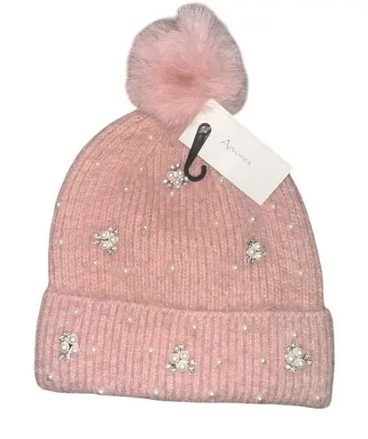 Womens Pink Embellished Beanie with Pom Pom.