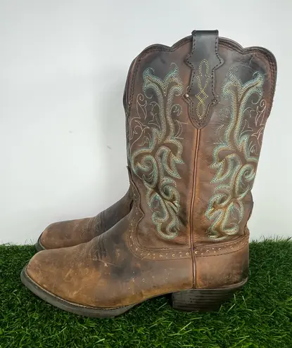 Justin Women’s Western Cowboy Boots Size 10B Brown Leather Turquoise Stitching Square Toe
