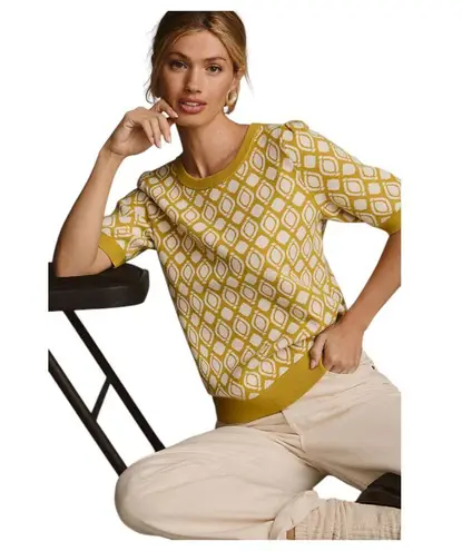 Maeve Anthropologie Harmon Jacquard Yellow Cream Sweater Short Sleeve Size XS