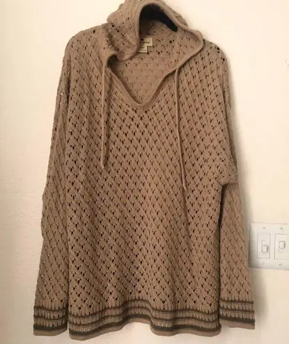 Woolrich beige tan cream green striped knit crotchet hooded pullover jumper sweater