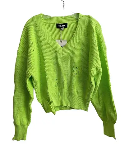 NWT SER.O.YA Syd Sweater Women Size Medium Neon Green Distressed Grunge V