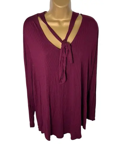 Ruff Hewn Grey Tie Front Ribbed Long Sleeve Top Stretch Burgundy 2X