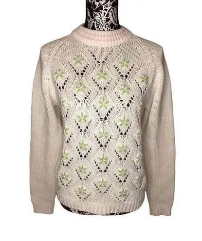 Open Knit High Collar Floral Granny Sweater Casual Everyday Grandma Green Size M