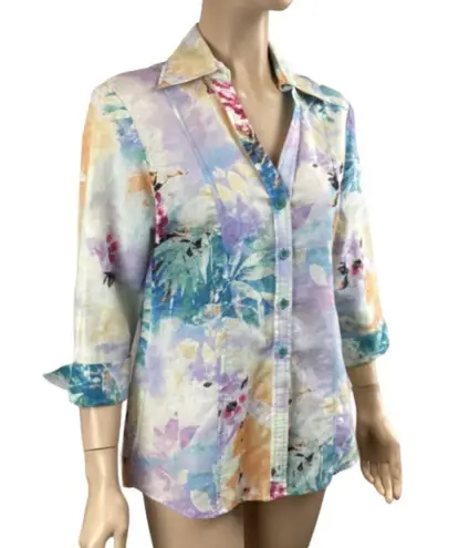 Harvé Benard Harve Bernard Linen Blend Floral Short SLeeve Button Down Shirt Top Size Large