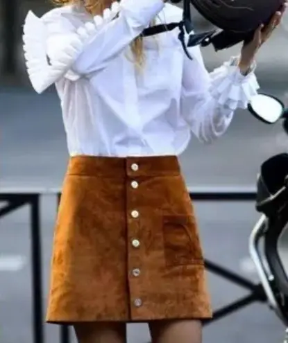 Intermix genuine goat leather brown retro A-line mini shirt