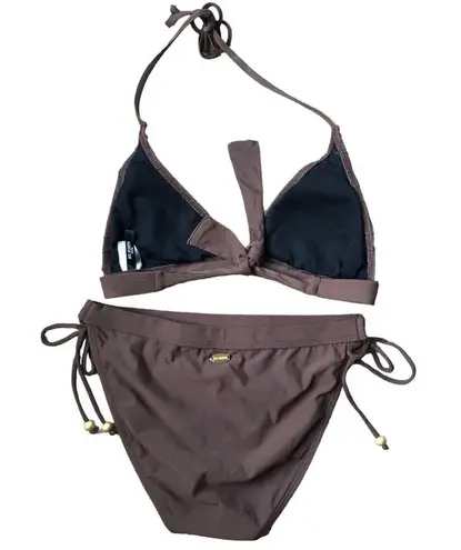 St. John Textured Chocolate Brown Cheeky Triangle String Bikini M Tied Hip Sexy