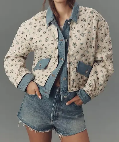 BLANKNYC Love Bird Quilted Floral Jacket Denim Trim Cream Women's M Blue Size M