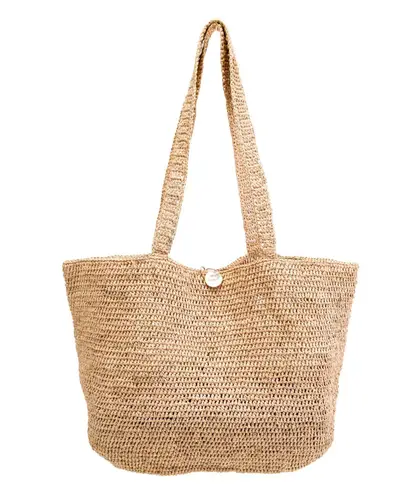 Annabel Ingall Australia Beige Tan Raffia Beach Shoulder Tote Capiz Shell Button White